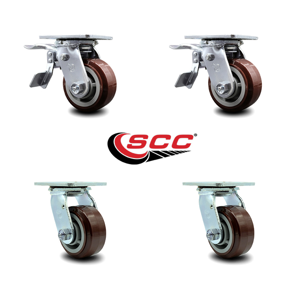 Service Caster 4 Inch Polyurethane Swivel Caster Set with Roller Bearing 2 Total Lock Brake SCC SCC-TTL30S420-PPUR-2-S-2